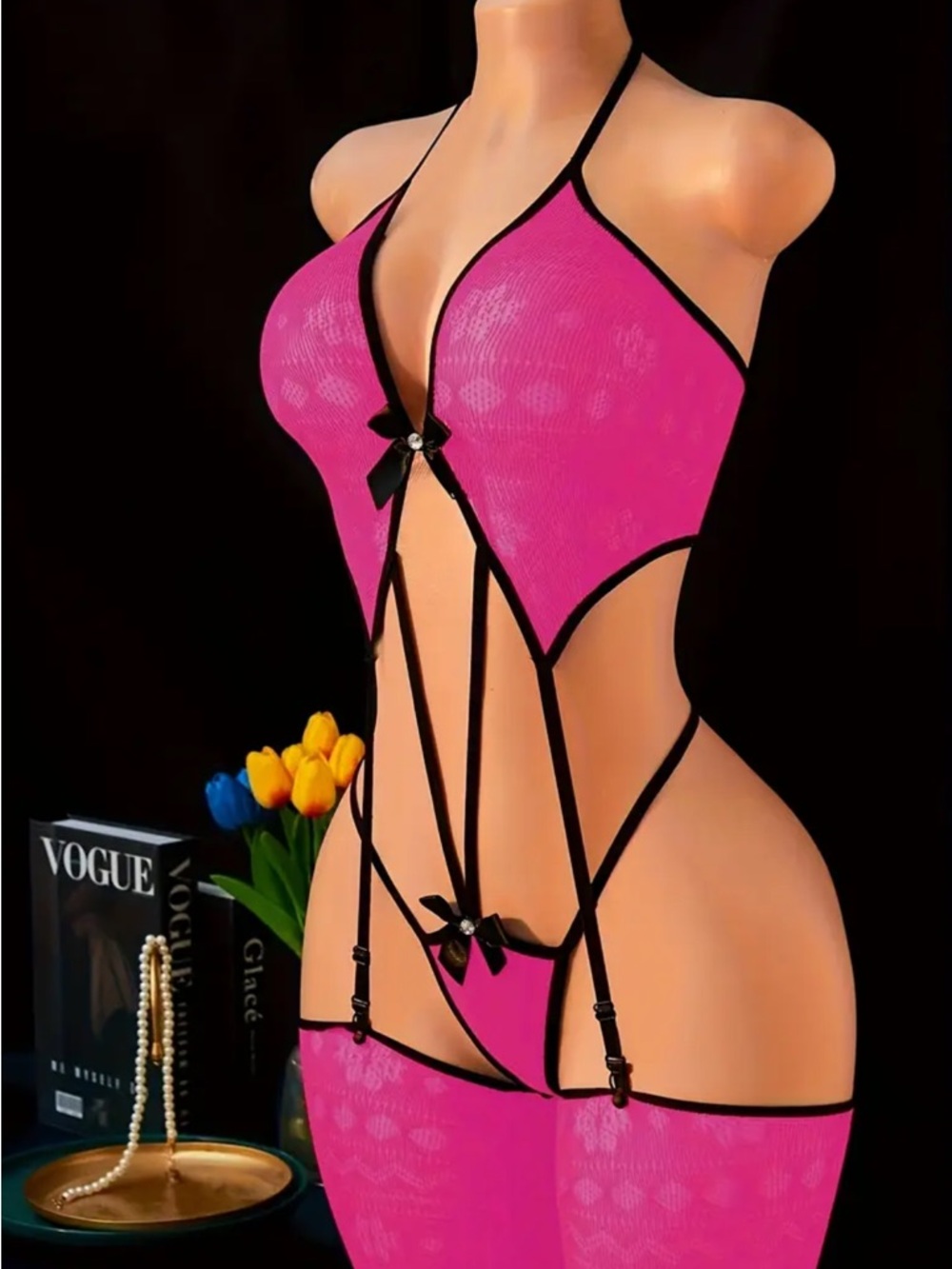 Vogue Hot Pink Lace Strappy Teddy with Black Trim